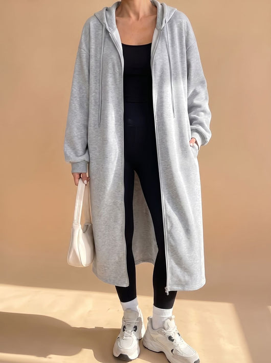 Frieda | Lange dames jas met capuchon, rits en relaxed fit