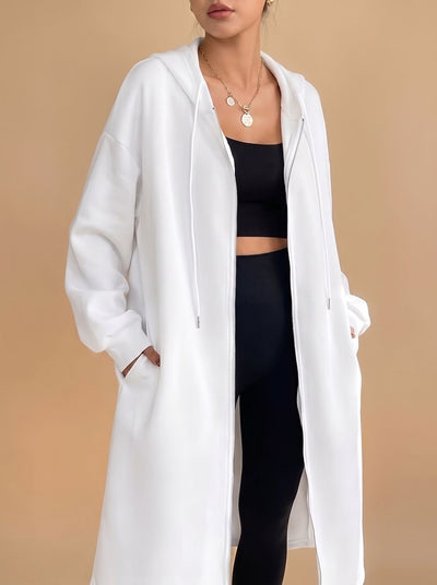 Frieda | Lange dames jas met capuchon, rits en relaxed fit