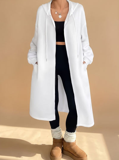 Frieda | Lange dames jas met capuchon, rits en relaxed fit