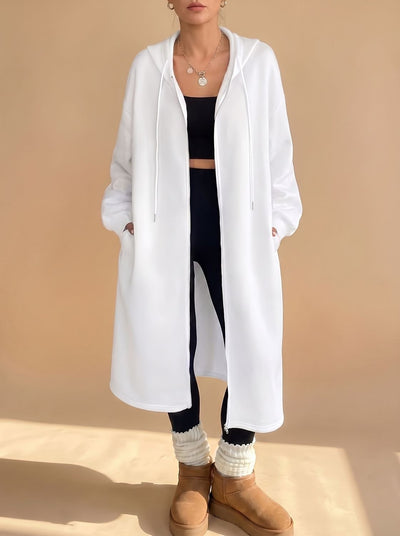 Frieda | Lange dames jas met capuchon, rits en relaxed fit