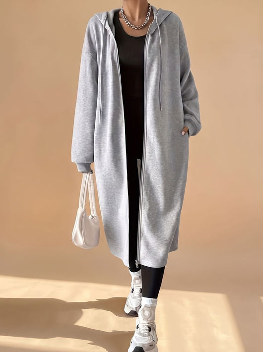 Frieda | Lange dames jas met capuchon, rits en relaxed fit