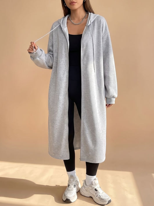 Frieda | Lange dames jas met capuchon, rits en relaxed fit