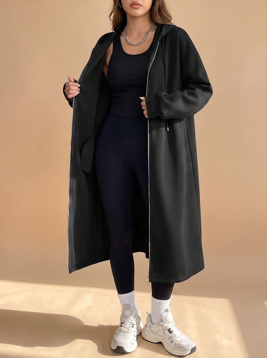 Frieda | Lange dames jas met capuchon, rits en relaxed fit