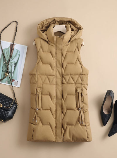 Lena | Lange gewatteerde dames bodywarmer met capuchon en verstelbare taille