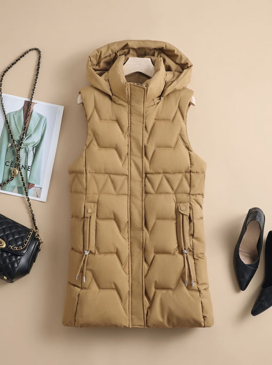 Lena | Lange gewatteerde dames bodywarmer met capuchon en verstelbare taille