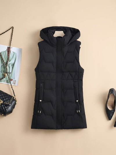Lena | Lange gewatteerde dames bodywarmer met capuchon en verstelbare taille