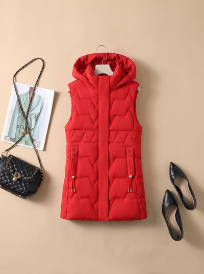 Lena | Lange gewatteerde dames bodywarmer met capuchon en verstelbare taille