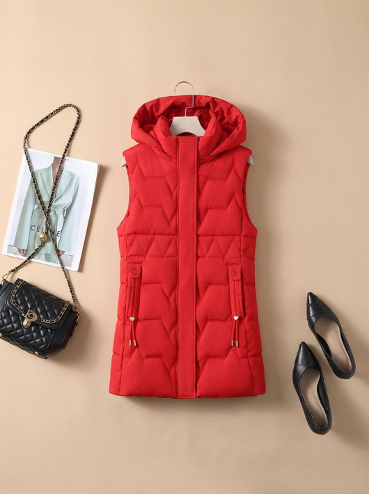 Lena | Lange gewatteerde dames bodywarmer met capuchon en verstelbare taille