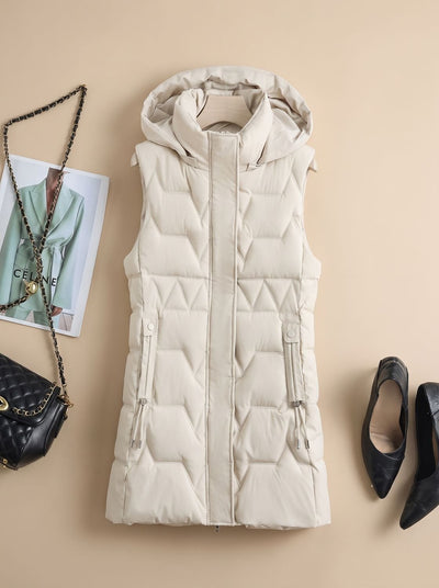 Lena | Lange gewatteerde dames bodywarmer met capuchon en verstelbare taille