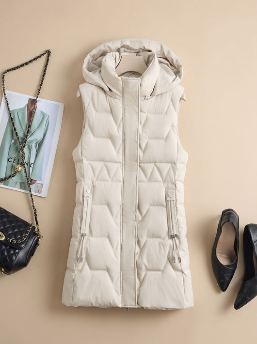 Lena | Lange gewatteerde dames bodywarmer met capuchon en verstelbare taille