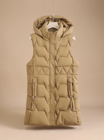 Lena | Lange gewatteerde dames bodywarmer met capuchon en verstelbare taille