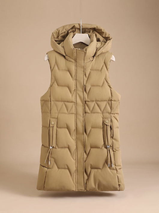 Lena | Lange gewatteerde dames bodywarmer met capuchon en verstelbare taille