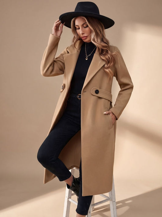 Katharina | Lange elegante dames winterjas met revers en zijzakken