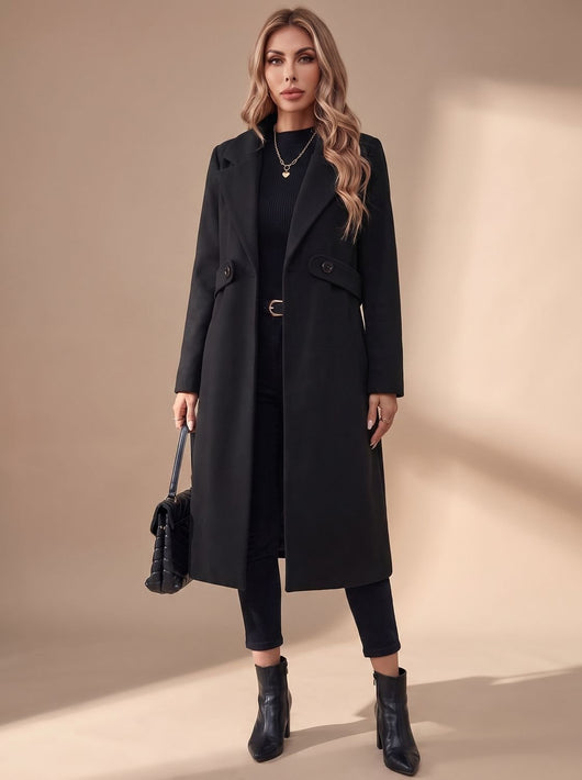 Katharina | Lange elegante dames winterjas met revers en zijzakken