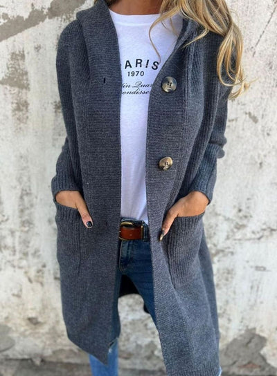 Emilia | Lang dames gebreid vest met capuchon en knoopsluiting