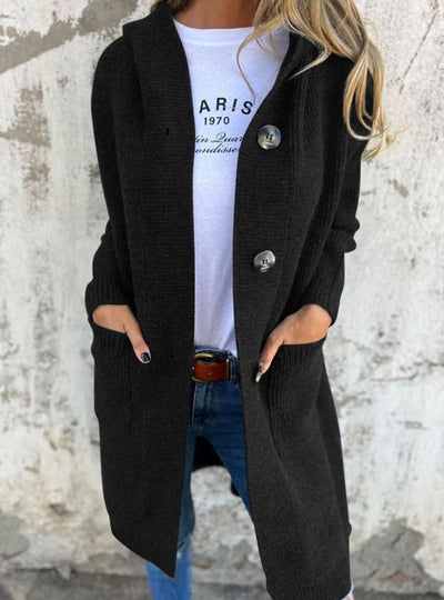 Emilia | Lang dames gebreid vest met capuchon en knoopsluiting