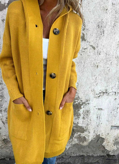 Emilia | Lang dames gebreid vest met capuchon en knoopsluiting