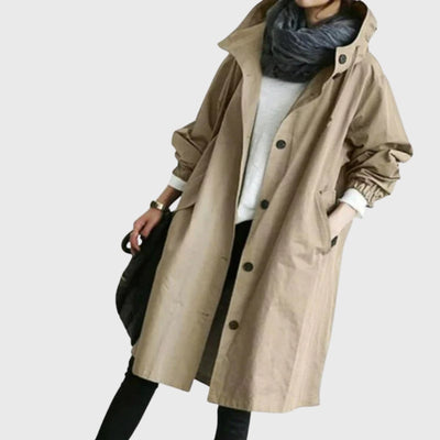 Clara | Lange waterafstotende dames trenchcoat met capuchon en wijde pasvorm