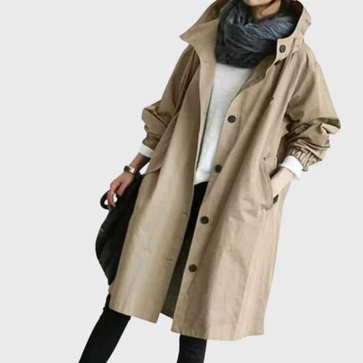 Clara | Lange waterafstotende dames trenchcoat met capuchon en wijde pasvorm
