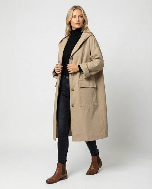Annika | Lange waterafstotende dames trenchcoat met capuchon, winddicht