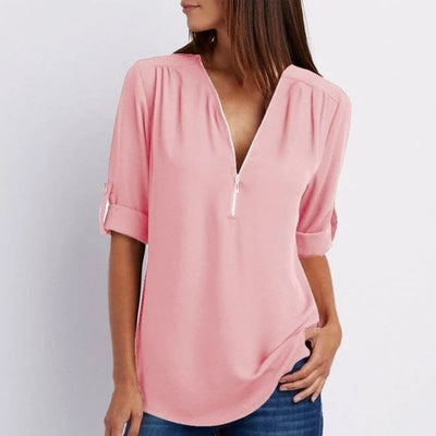 Marlene | Lichte dames blouse met ritshals en opstroopbare mouwen