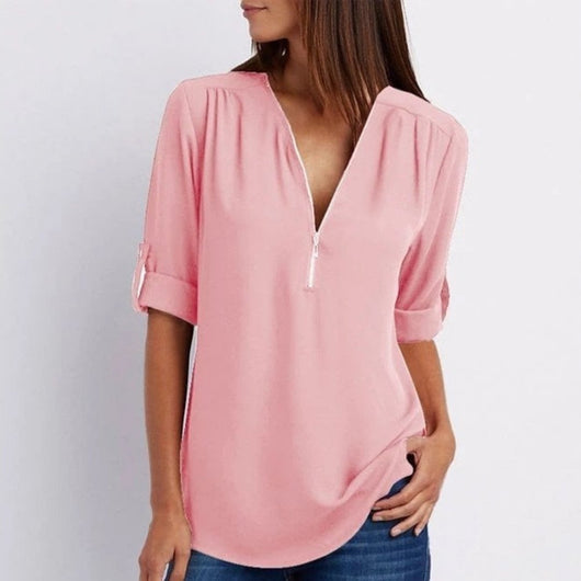 Marlene | Lichte dames blouse met ritshals en opstroopbare mouwen