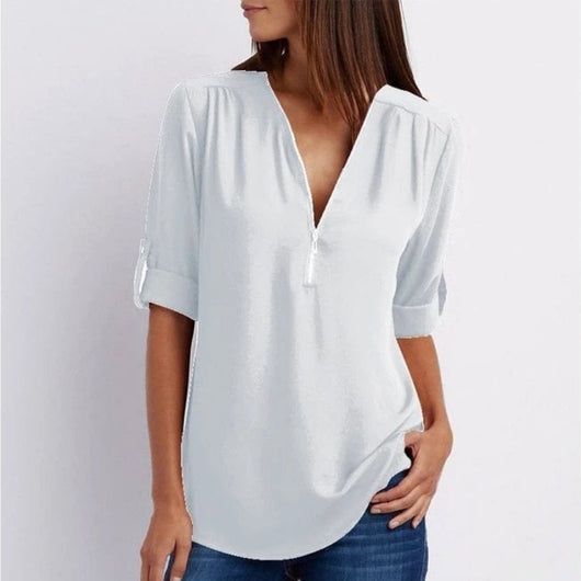 Marlene | Lichte dames blouse met ritshals en opstroopbare mouwen