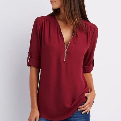 Marlene | Lichte dames blouse met ritshals en opstroopbare mouwen