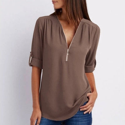 Marlene | Lichte dames blouse met ritshals en opstroopbare mouwen