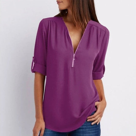 Marlene | Lichte dames blouse met ritshals en opstroopbare mouwen