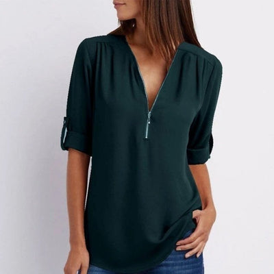 Marlene | Lichte dames blouse met ritshals en opstroopbare mouwen