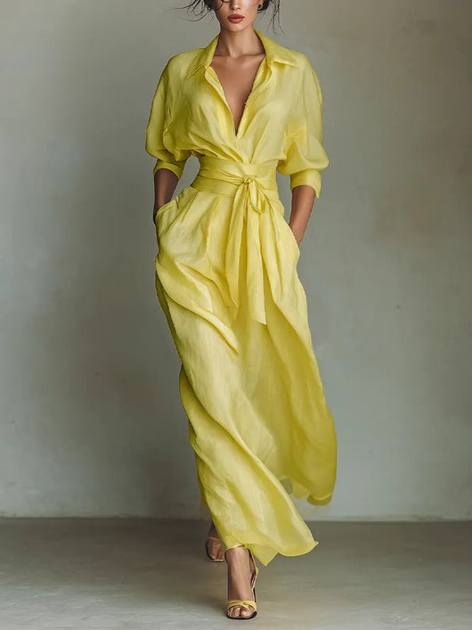 Emilia | Dames maxi blousejurk van linnen en katoen met V-hals