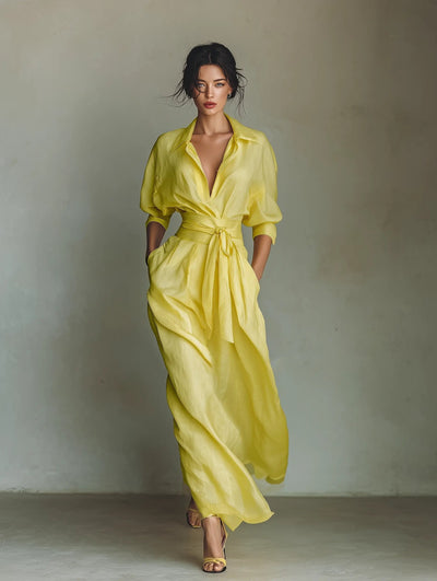 Emilia | Dames maxi blousejurk van linnen en katoen met V-hals