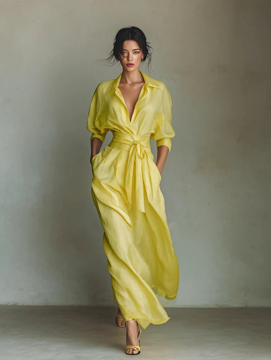 Emilia | Dames maxi blousejurk van linnen en katoen met V-hals