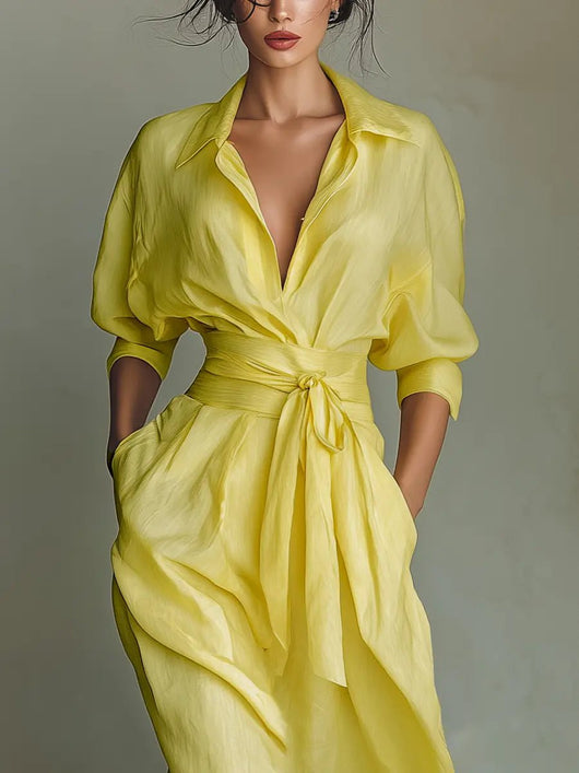 Emilia | Dames maxi blousejurk van linnen en katoen met V-hals