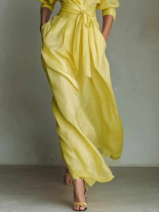Emilia | Dames maxi blousejurk van linnen en katoen met V-hals