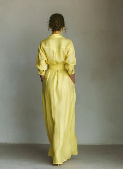 Emilia | Dames maxi blousejurk van linnen en katoen met V-hals