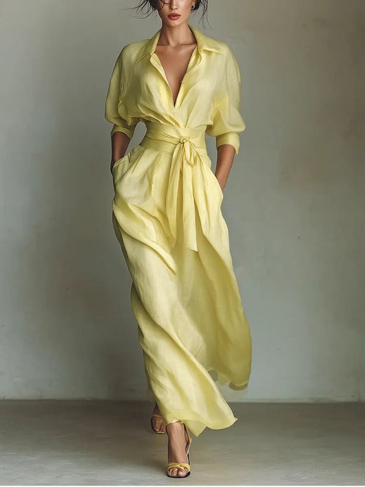 Emilia | Dames maxi blousejurk van linnen en katoen met V-hals