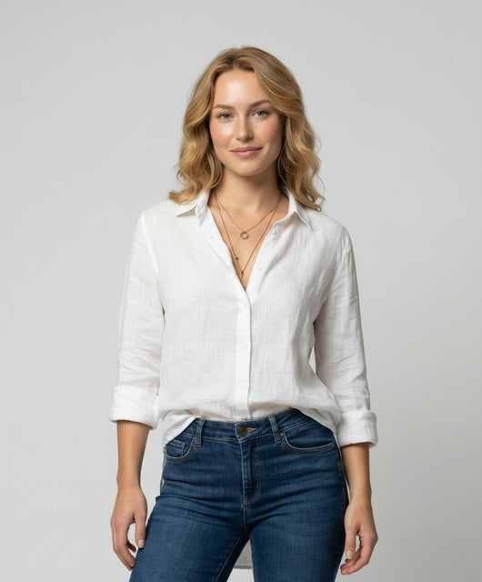 Katharina | Dames linnen blouse met driekwartmouwen en klassieke kraag