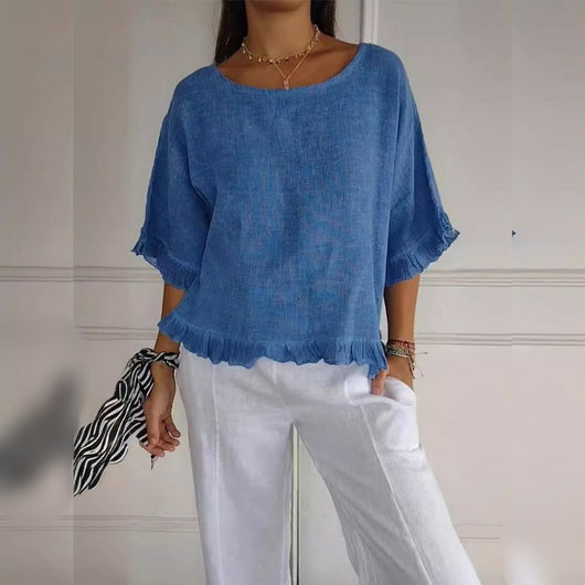 Annika | Linnen dames blouse met ronde hals, franjerand en losse pasvorm