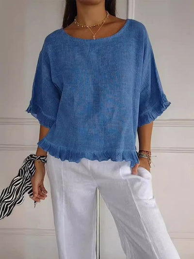 Annika | Linnen dames blouse met ronde hals, franjerand en losse pasvorm