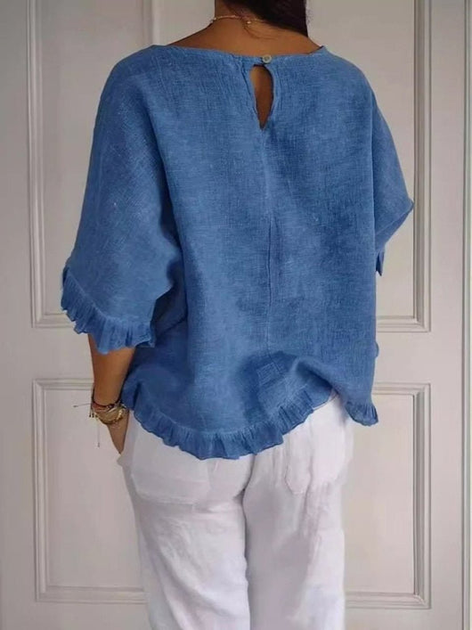 Annika | Linnen dames blouse met ronde hals, franjerand en losse pasvorm