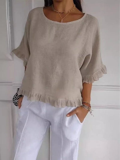Annika | Linnen dames blouse met ronde hals, franjerand en losse pasvorm