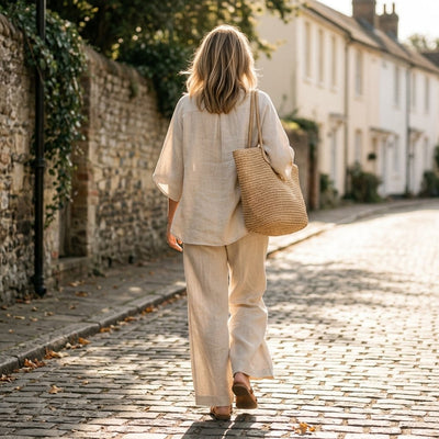 Lena | Dames linnen set met kimonomouwen en wijde broek