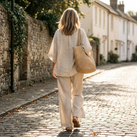 Lena | Dames linnen set met kimonomouwen en wijde broek