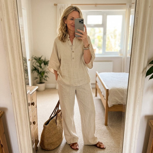 Lena | Dames linnen set met kimonomouwen en wijde broek