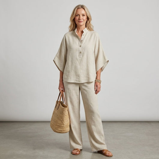 Lena | Dames linnen set met kimonomouwen en wijde broek