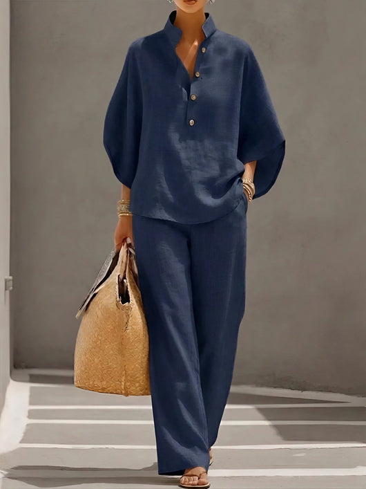 Lena | Dames linnen set met kimonomouwen en wijde broek