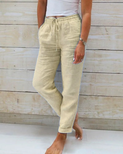 Hannah | Dames rechte linnen broek met koord en elastische band