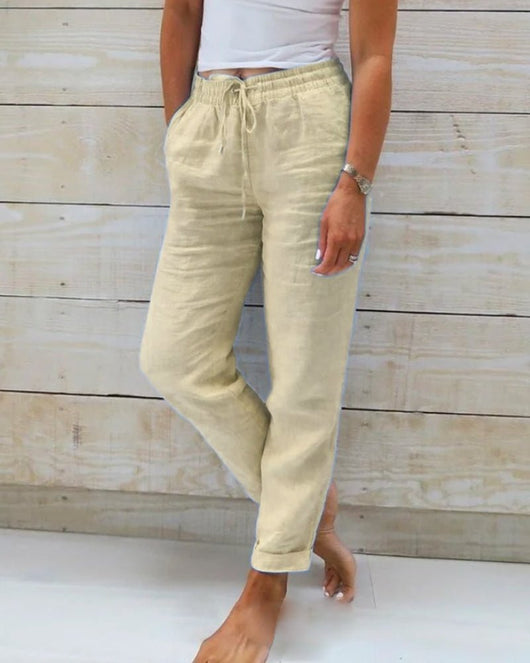Hannah | Dames rechte linnen broek met koord en elastische band